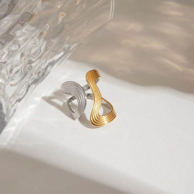 AiTURE Chunky Rings For Women, Gold Silver Thumb Ring Asymmetrical Wavy Curve Ring Adjustable Non Tarnish Dainty Stainless Steel New Year Anniversary Birthday Jewelry Gift - Image 4